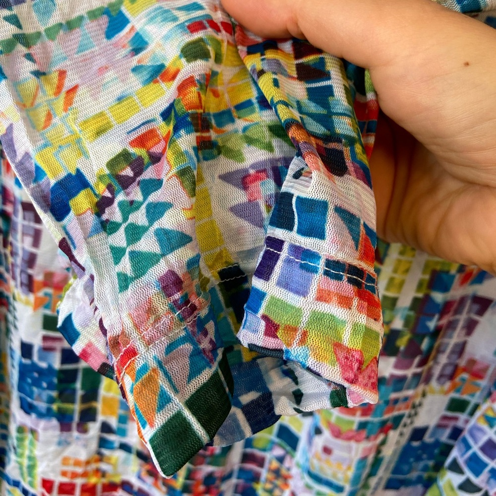 Ali Miles Rainbow Colored Geometric 3/4 Sleeve Sheer Top Sz Medium - Picture 7 of 9